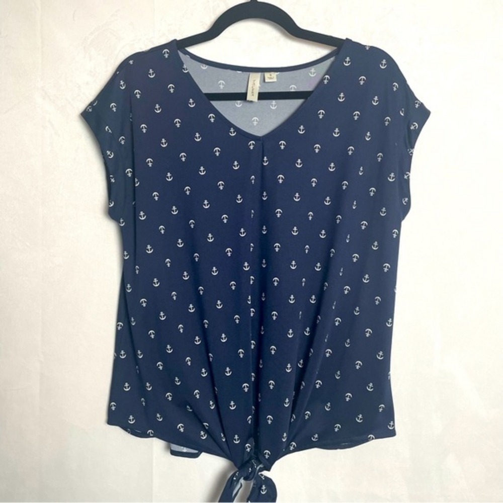 Tacera Navy Anchor Print Tie Front V Neck Cap Sleeve Top‎ Womens Size Small